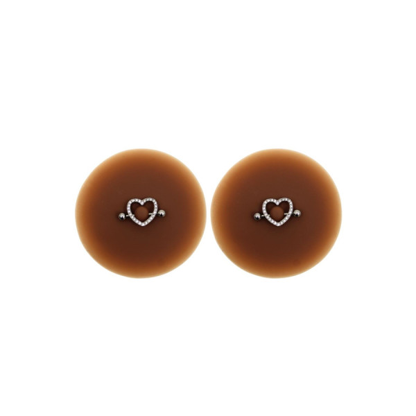 Paire de cache-tétons piercing barre coeur faux diamant peau foncée 